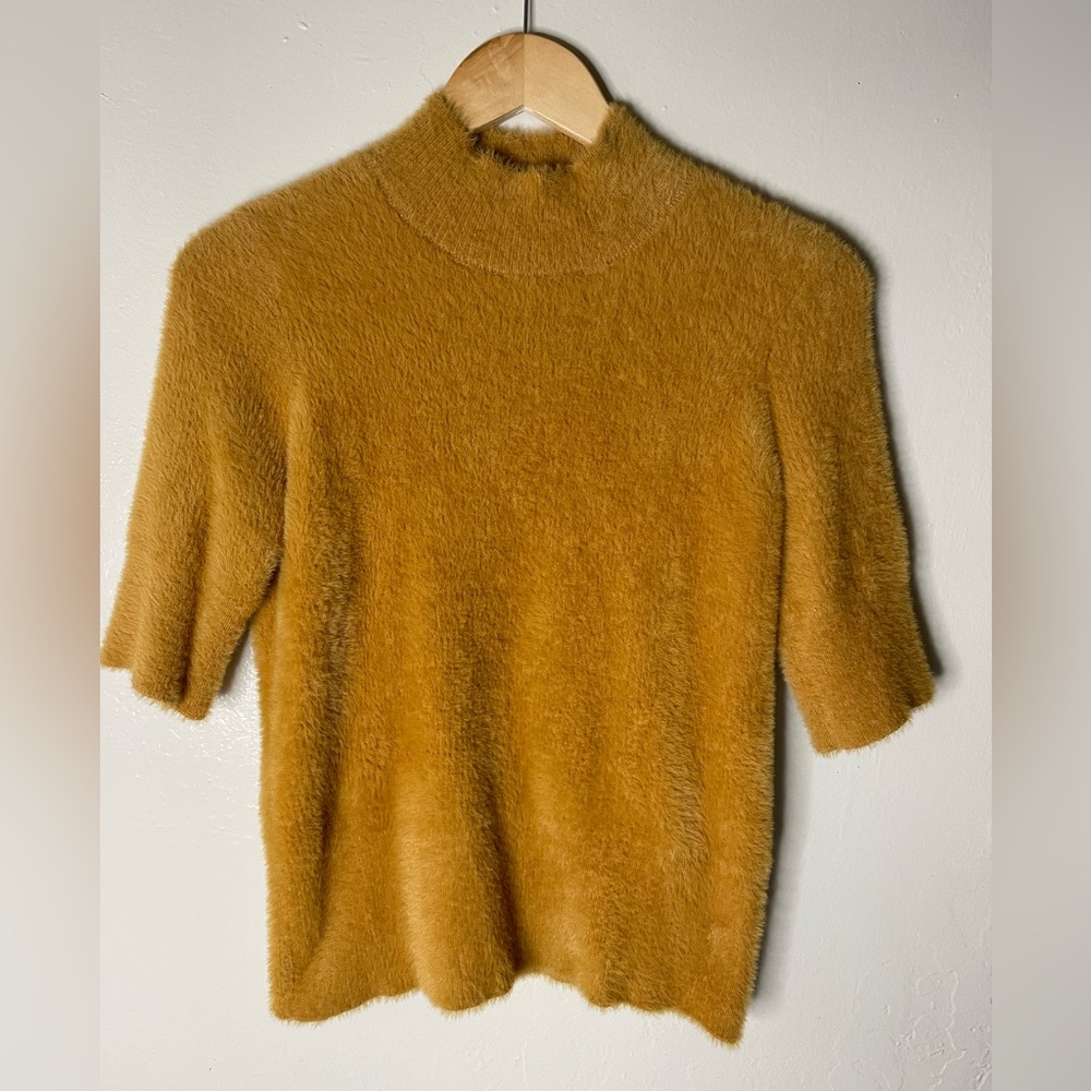Bailey 44 women Fuzzy Cozy Mustard short sleeve turtleneck pullover Sweater